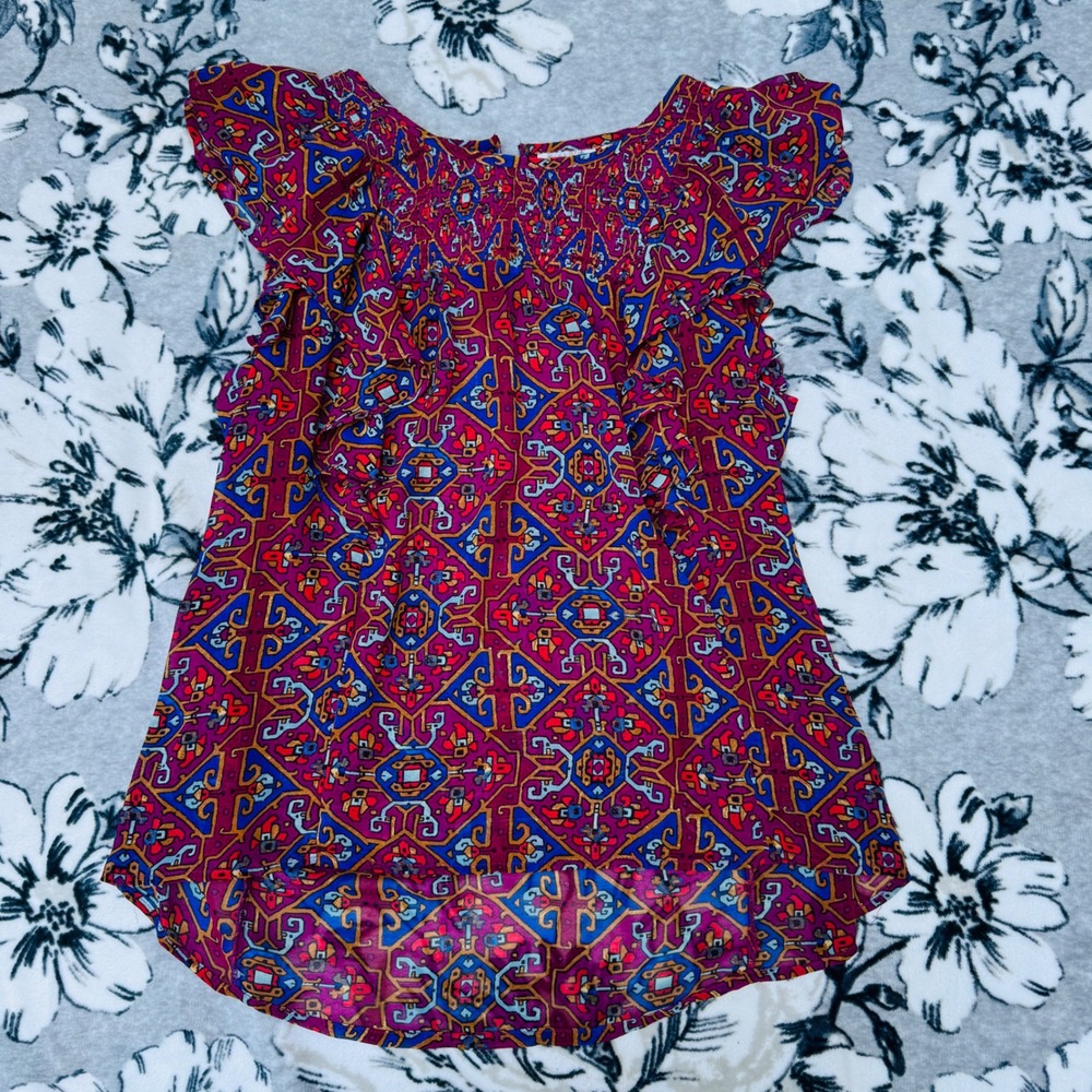 Meadow Rue Blouse Women 6 Magenta Good Geometric Smocked Flutter Sleeve Top